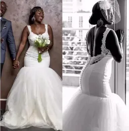 Designer nova sereia africana plus size vestidos sem costas rendas apliques tribunal trem preto meninas vestido de casamento vestidos de noiva