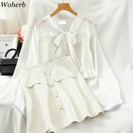 Woherb Sweet Korean Terno Duas roupas para as mulheres Lace Up Refflles Tops Curtos Mini Saias Escritório Lady Mujer 2 Piece Set 4E603 201130