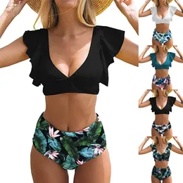 2019 أعلى مبيعات المرأة عالية الخصر biquini رفع مبطن طباعة bathingsuit كشكش الأزياء الإناث العشير البرازيلية الملابس الداخلية Y200708