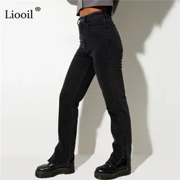 Liooil Boyfriend-Jeans mit Schlitz und hoher Taille, Streetwear, gerades Bein, schwarze Röhrenhose, Frühling, lässige Denim-Hose 220310