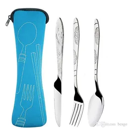 Stainless Steel Western Steak Cutlery Knife Spoon Fork Set Portable Print Handle Tableware Set Travel Dinnerware With Bag VF1526 T03