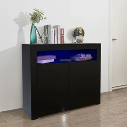 US Stock Home Furniture Living Room Sideboard Storage Cabinet Black High Gloss with LED Light, Modern Kitchen Unit Cupboard Buffet Wooden Display with 2 a08