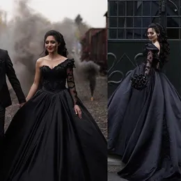 Yeni Gotik Siyah Balo Elbise Gelinlik Bir Omuz Uzun Kollu Prenses Gelin Gowns Dantel Aplike Artı Boyut Vestidos De Novia 403