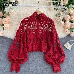 Neploe Lace Sexy Hollow Out Stand Collar Shirt Solid Color All-match Zip Femme Blusas Chic Lantern Sleeve Women Blouses 220308