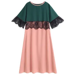 Siskakia Plus Size Midi Dress Fashion Mesh Lace Hit Color Patchwork Women's Elegant Dresses Pink 3/4 Sleeve Spring Summer 2020 Y1224