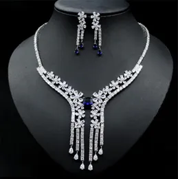 Collana da sposa con zirconi da sposa Orecchini Set di gioielli Collana con ciondolo in argento blu rosso con zirconi cubici di lusso Orecchini con diamanti a goccia lunghi