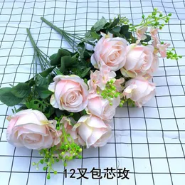 Dekorativa blommor kransar 12 huvuden kärn rosbuketter siden för heminredning bröllop blommvägg dekoration1