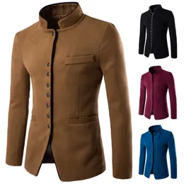 Nowa Jesień Winter Fashion Solid Mandaryn Collar Wełna Męskie Płaszcze Pojedyncze Piersed Slim Fit Casual Grube Blazers Mężczyźni LJ201109