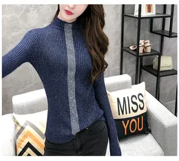 Autumn Winter Fashion New Design Women's Turtleneck Rhinestone Lurex Patchwork Shinny Bling Sticked tröja toppar Plus Size SMLXL