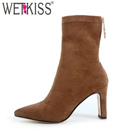 WETKISS Stretch Stiefel Winter Frauen Spitz Socken Stiefel Zipper Mode Kurze Plüsch Schuhe Damen High Heels Wildleder Schuhe1