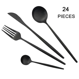 24 pçs / set preto Matte Cutlery 304 de aço inoxidável de aço inoxidável Faca de faca de faca colher de jantar de cozinha talheres de cozinha conjunto 201130