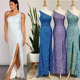 Sparkly Sequined Bridesmaids Dresses A Line One Shoulder Long Length Side Split Girls Junior Maid Of Honors Formal Gowns