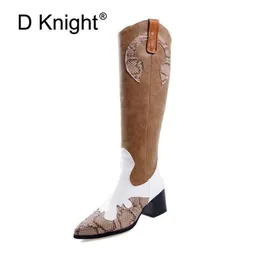 Buty D Knight Retro Kobiety Western Cowboy Grube Obcasy Kolana Wysokie Buty Kobieta Moda Wąż Wzór Damski Rozmiar 32-481