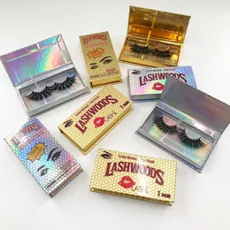 Hetsäljande Lashes Box Ögonfransförpackningsbox Fluffy 25mm Mink Flase Ögonfransar Anpassad holografisk Lashwood rektangelfodral