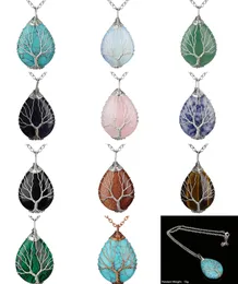 Silver Chain Natural Pink Quartz Opal Agate Stone Pendant Necklaces Handmade Tree of Life Wrapped Drop Crystal Necklace