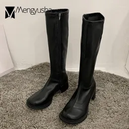 Große Runde Zehe Reit Bottes Femme Plüsch schlanke kniehohe Stiefel Pu-Leder Schuhe Frauen klobige High Heels Ofenrohr lange Botas Mujer1