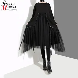 Nuovo Plus Size Stile Coreano Donna Autunno Inverno Nero Abito allentato Manica lunga Maglia Overlay Lady Casual Midi Dress Robe 4564 201102