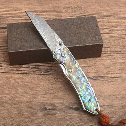 Top Quality 7.5" Damascus Pocket Folding Knife Damascus Steel Blade Abalone shell Handle EDC Pocket Knives Gift Knife With Retail Box