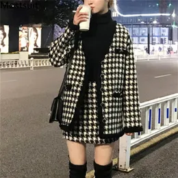 Houndstooth Vintage Two Pieces Outfits fomich autumn Cardigan Tops and Mini Skirt Suits Elegant Ladies Fashion 2 220221