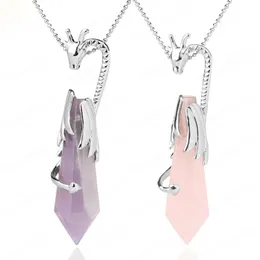 Natural Crystal Pillar Pendant Necklaces 12 Faceted Point Pink Quartz Dragon Pendants Reiki Healing Jewelry Women Men