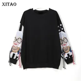 Xitao Black Long Sleeve Sweatshirt Patchwork Print Tassel Pullover Harajuku Hoodie Clothes XWW2734 220215