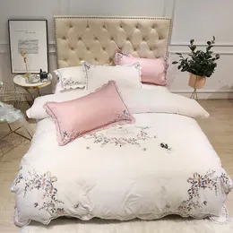 White pink Egyptian cotton embroidery luxury Bedding Set queen size king duvet cover bed sheet fitted sheet set ropa de cama T200706