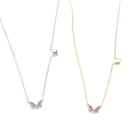 Doreen Box 925 Sterling Silver Insect Necklace Gold Color Butterfly Animal Purple Rhinestone Micro Pave 41cm Long 1 Piece Q0531