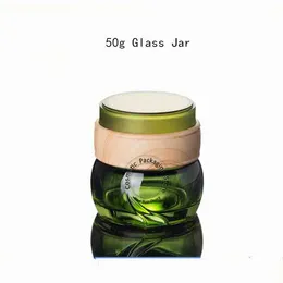 3pcs / parti 50g kosmetisk tomma burk glas krämburkar 50ml grön ögonflaska 5 / 3oz potten påfyllbar liten behållare trä lock