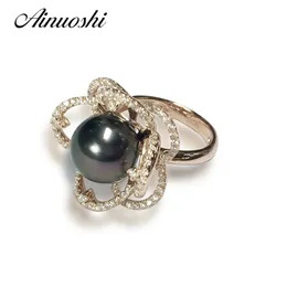 AINUOSHI 925 Sterling Silver Yellow Gold Colore a forma di fiore Wedding Ring Natural Tahiti Black Peal 10.5mm Round Pearl Ring Gift Y200106