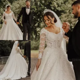 2022 Ballkleid Brautkleider Braut 3/4 lange Ärmel Luxus Spitze Applikation V-Ausschnitt Kristalle Perlen Satin Dubai Maßanfertigung Plus Size Vestido de Novia