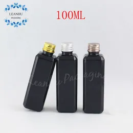 Garrafa de 100ml de plástico preto quadrado com tampa de alumínio, 100CC Loção / Toner viagem Sub-engarrafamento vazio Cosmetic Container