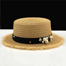 Hot Lady Boater Sun Caps Ribbon Round Flat Top Girls Straw Beach Hat Panama Hat Sommarhattar För Kvinnor Straw Hat Snapback Gorras G220301