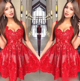 Short Red Prom Dresses Lace Applique Mini Straps Scalloped Custom Made Graduation Homecoming Tail Party Formal Gown Vestidos