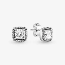 Authentic 100% 925 Sterling Silver Square Sparkle Halo Stud Earrings Fashion Wedding Engagement Jewelry Accessories For Women Gift