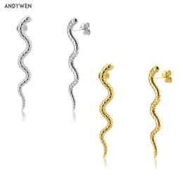 Andywen 925 Sterling Silver Gold Long Line 40cm Vivid Snake Stud Earing Boa Piercing Ohrringe Pendiente Fine Jewelry 220211