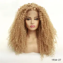 Afro Kinky Curly Curly Lacefront Wig Simulação Marrom Cabelo Humano Perucas Frontais 14 ~ 26 polegadas Fibras de Alta Temperatura Peluca 1934-27
