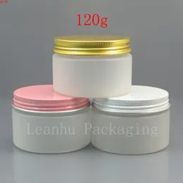 50 x 120 g vasetto in PET crema bianca glassata con tappo a vite in alluminio oro / rosa, bottiglia vuota rotonda in plastica cosmetica da 120 ml di alta qualità