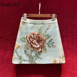 Svoryxiu 2021 Runway Designer Autumn Winter Vintage A-Line Mini kjol Kvinnmanual Crystal Pärled Flower Print Jacquard kjol
