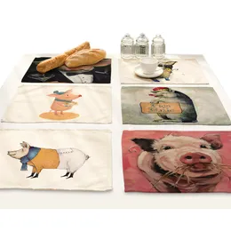 Animales de dibujos animados Cerdo lindo Impresión Tapetes de mesa individuales Cojín Accesorios de cocina para el hogar Mantel Tazón Taza Taza Posavasos Mantel T200703
