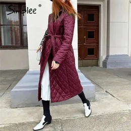 Simplee Cotton Padded Long Winter Coat 여성 캐주얼 포켓 새시 여성 파커 하이 스트리트 패니트 칼라 세련된 Overcoat 201225