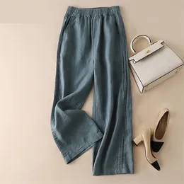 New Arrival Summer Arts Style Women Elastic Waist Loose Ankle-length Pants Vintage Cotton Linen Wide Leg Pants Plus Size M142 201228