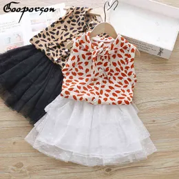 Girls Summer Wear Leopard Blouse Shirt och tårta Kjol 2 st Clods Set för Kids Girl 2-7Years Old Fashion Outfits G220310