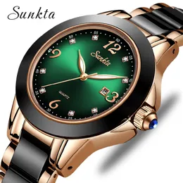 SUNKTA Uhr Frauen Mode Leuchtzeiger Datum Lndicator Edelstahlband Quarz-Armbanduhren Lady Green Water Ghost 201114