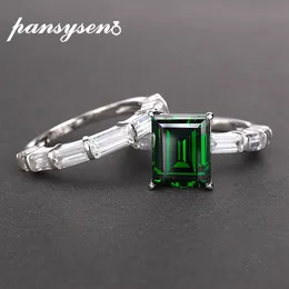 Pansysen Marca Real 925 Anéis de Prata Esterlina para Mulheres 8x10 Mm Natural Emerald Gemstone Fine Jóias Casamento Anel de Noivado Y200321