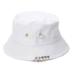 Harajuku Punk Cotton Personality Bucket Hat Metal Pin O-Rings Solid Color Wide Brim Sunscreen Foldable Hip Hop Fisherman Cap G220311