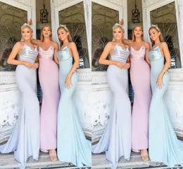 Ny enkel billig lila ljus himmel blå sjöjungfru brudtärna klänningar halter nacke satin golv längd Maid of Honor Gowns bröllop gästklänning