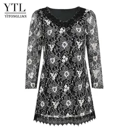 Yitonglian Women Vintage virkning V-Neck Classic Silver Trending Floral Lace Blus Plus Size Tunic Tops Oversize Shirt H429 220119