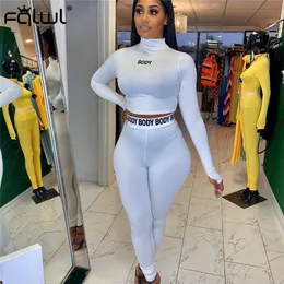 FQLWL White Black Fit 2-teilige Frauen-Set-Designerin Sportswear Summer Long Sleeved Open Navel Top Bottom Hosen Frauen Sportbekleidung Frauen Frauen