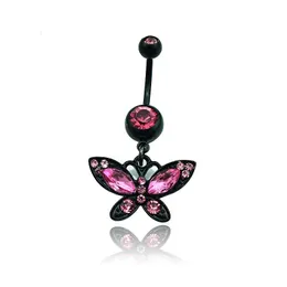 Fashion Belly Button Rings Pink Rhinestone Black Butterfly 316L Stainless Steel Sexy Navel Body Piercing Jewelry Qnb5P