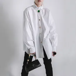 Women's Shirts Big Size Button Decoration Blouses New Stand Collar Long Sleeve Loose Fit Shirt Fashion Spring Autumn 2022